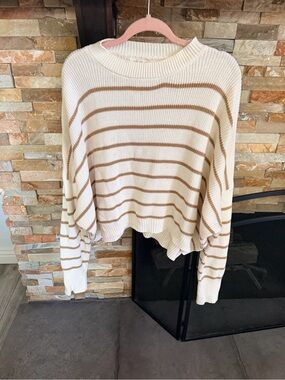 Millibon Cream and Tan Striped Crewneck Sweater